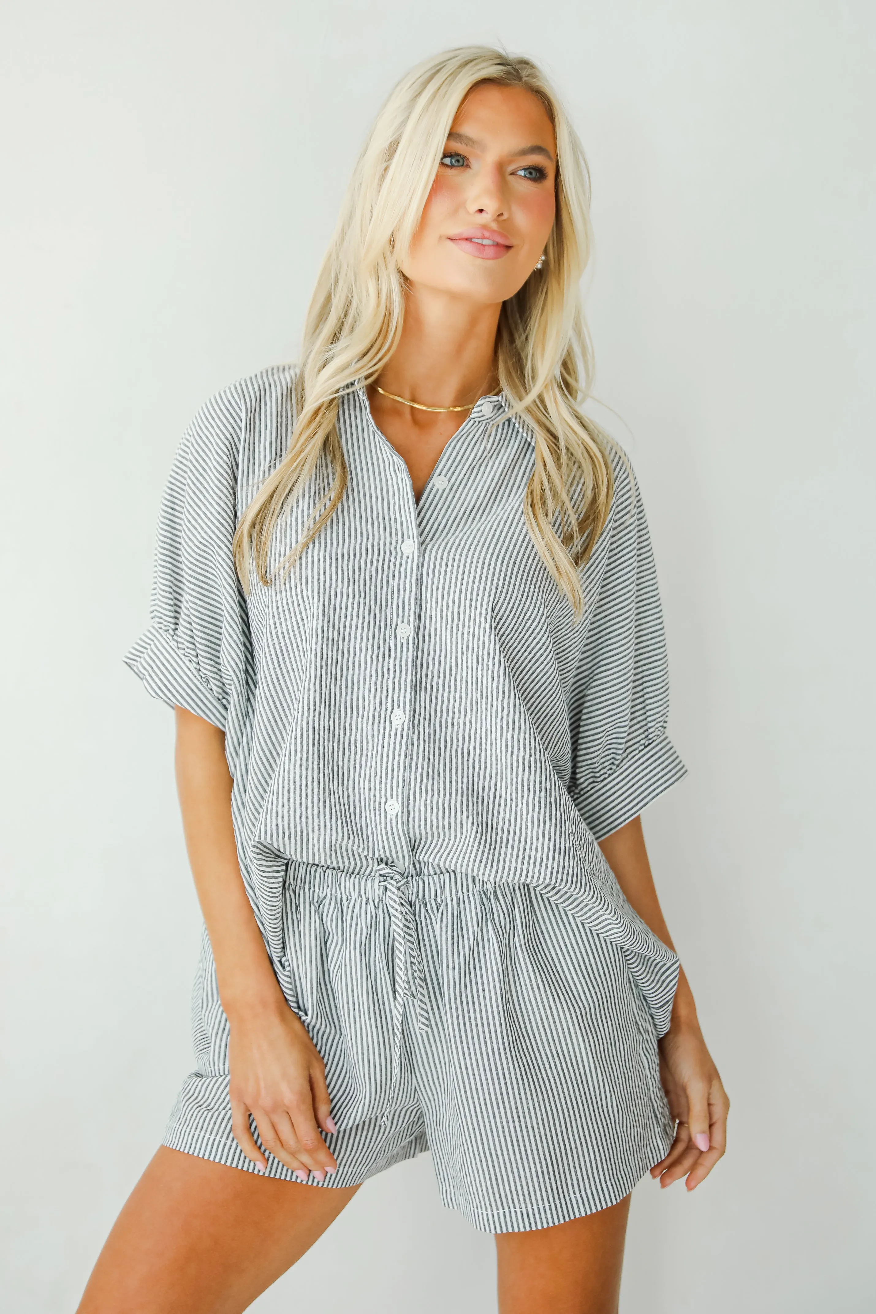 By The Bay Charcoal Striped Seersucker Shorts - DU DEAL