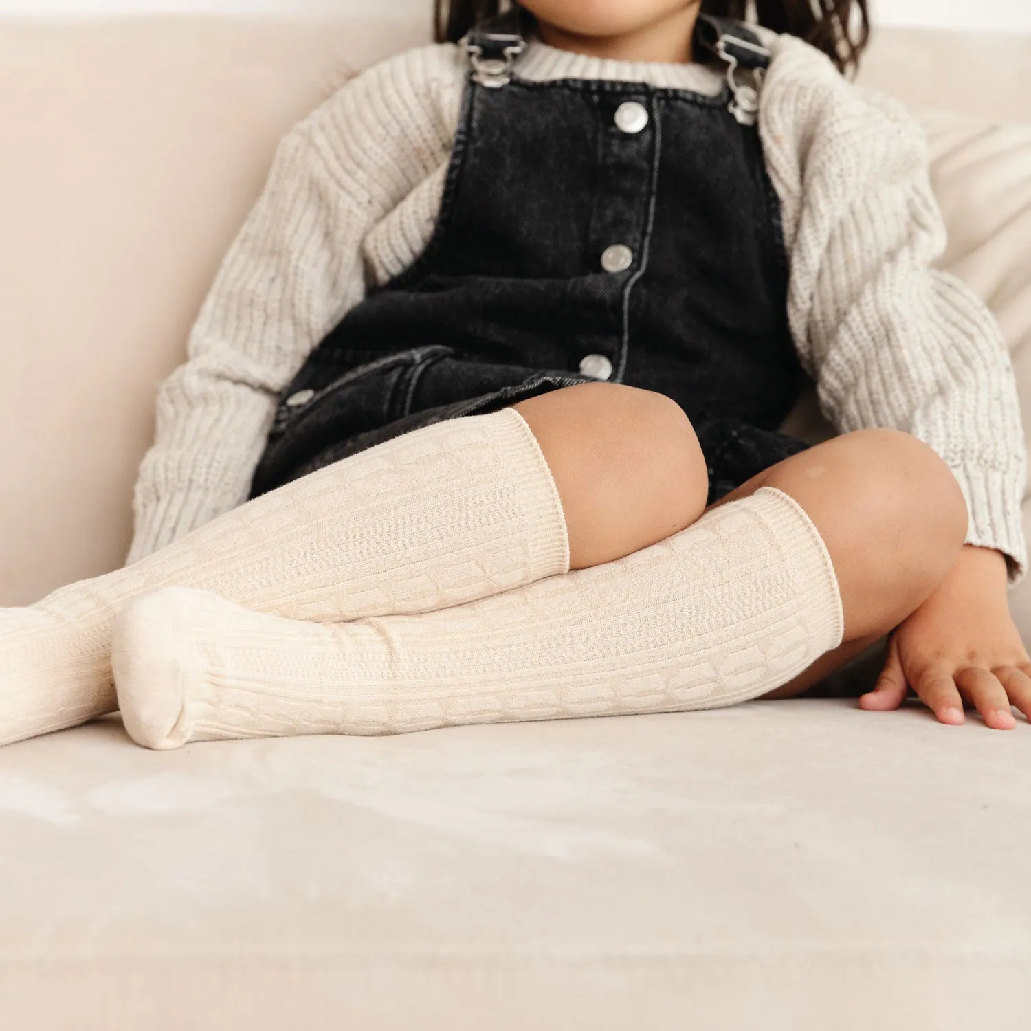 Cable Knit Knee High Socks - Vanilla