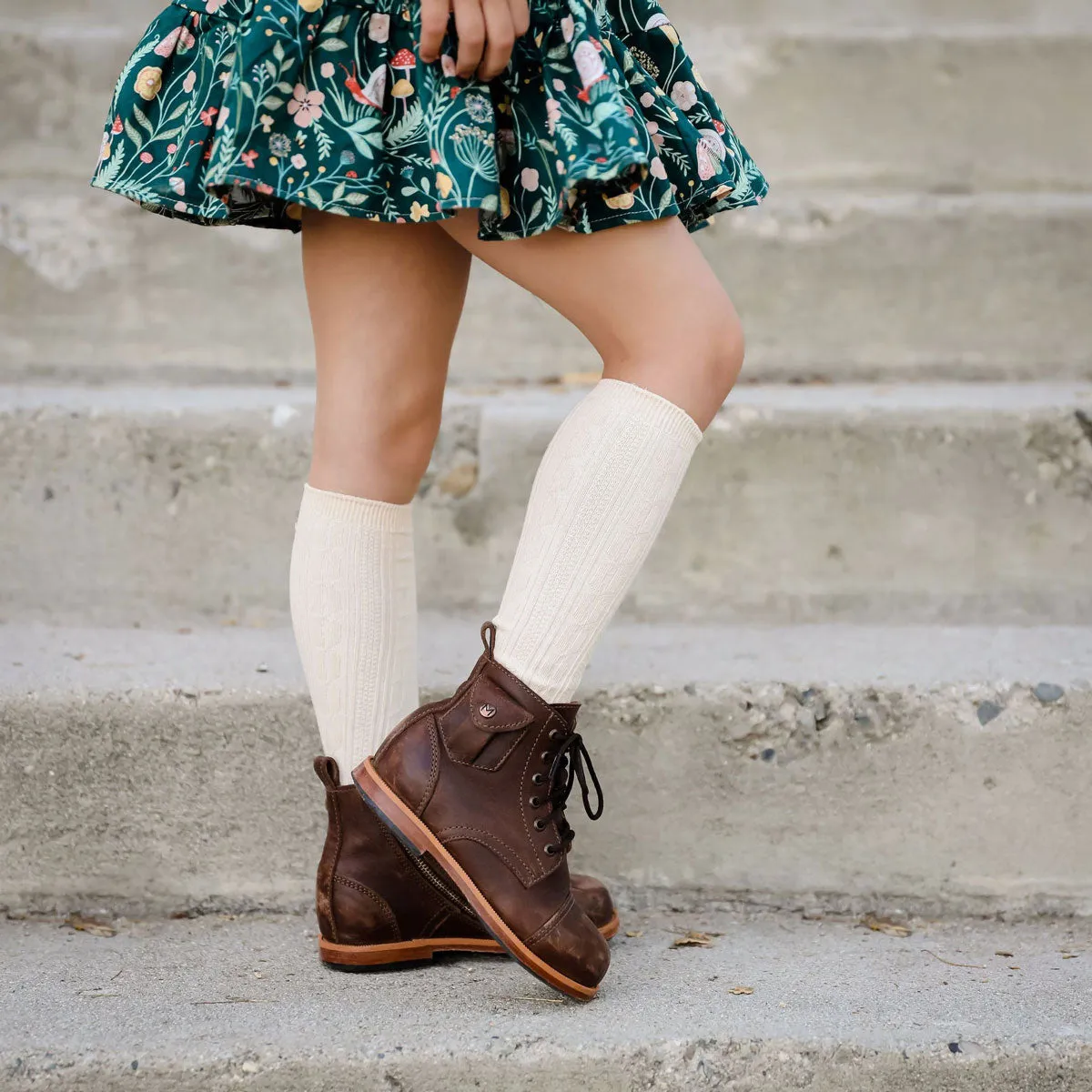 Cable Knit Knee High Socks - Vanilla