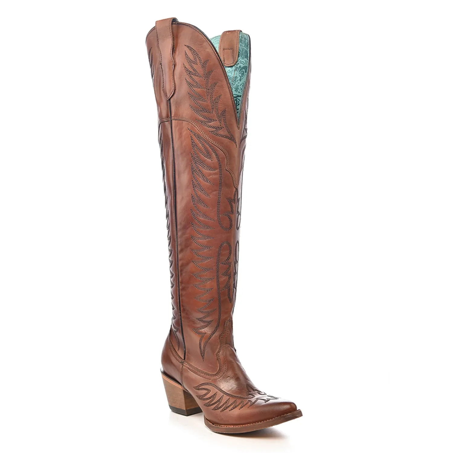 Corral Womens Tall Top Embroidery J Toe Cognac Cowhide 21in Cowboy Boots 9.5 M