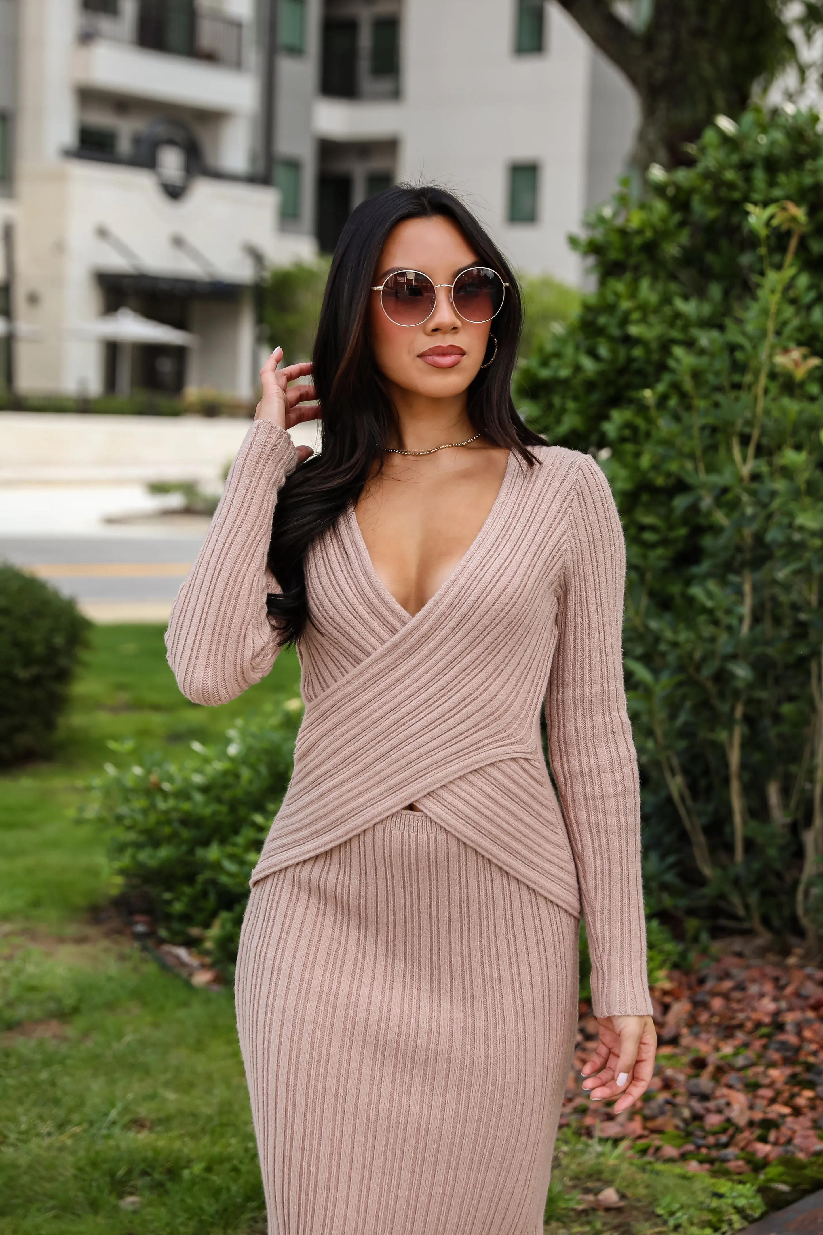 FINAL SALE - Intriguing Demeanor Taupe Criss-Cross Sweater Midi Dress