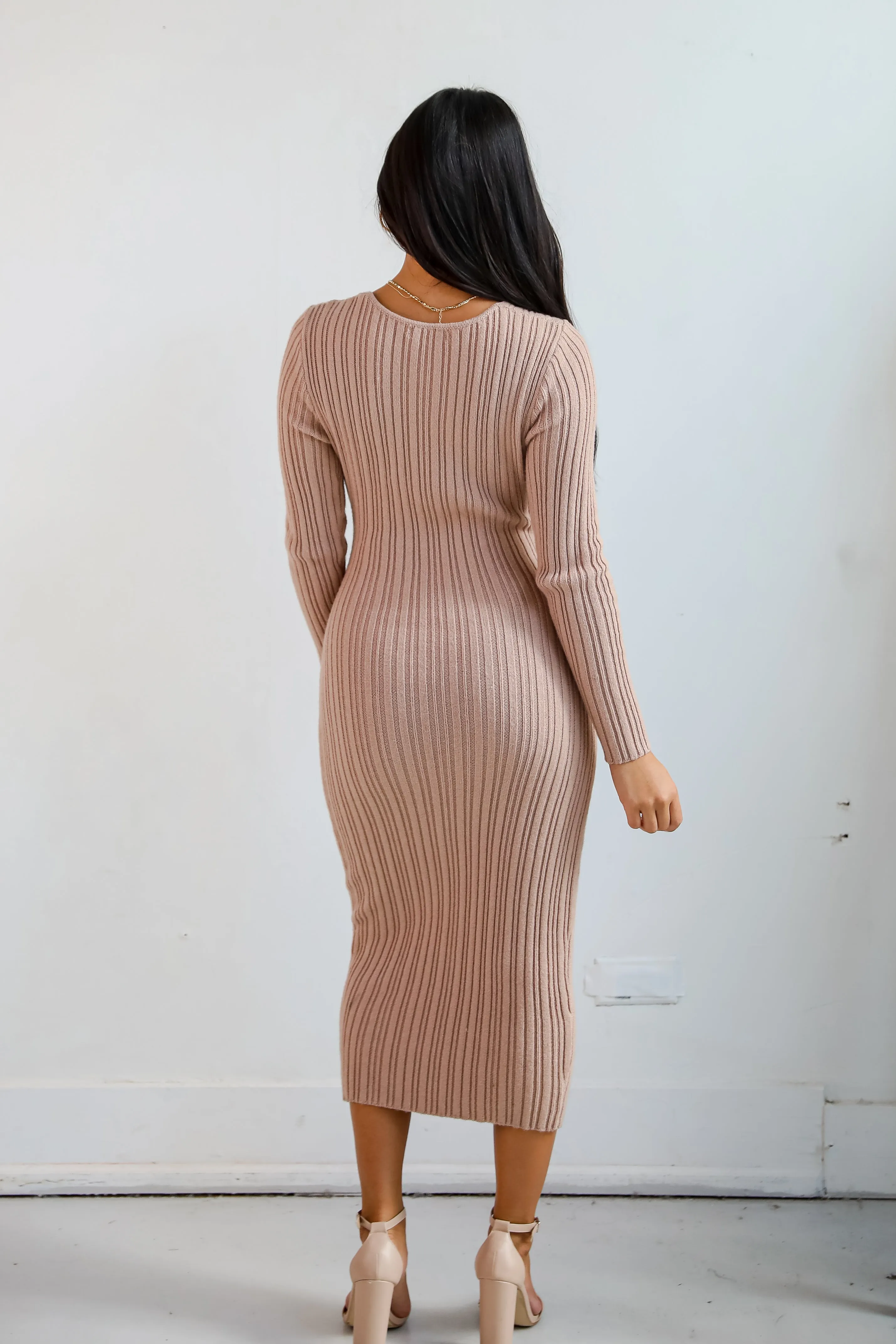 FINAL SALE - Intriguing Demeanor Taupe Criss-Cross Sweater Midi Dress