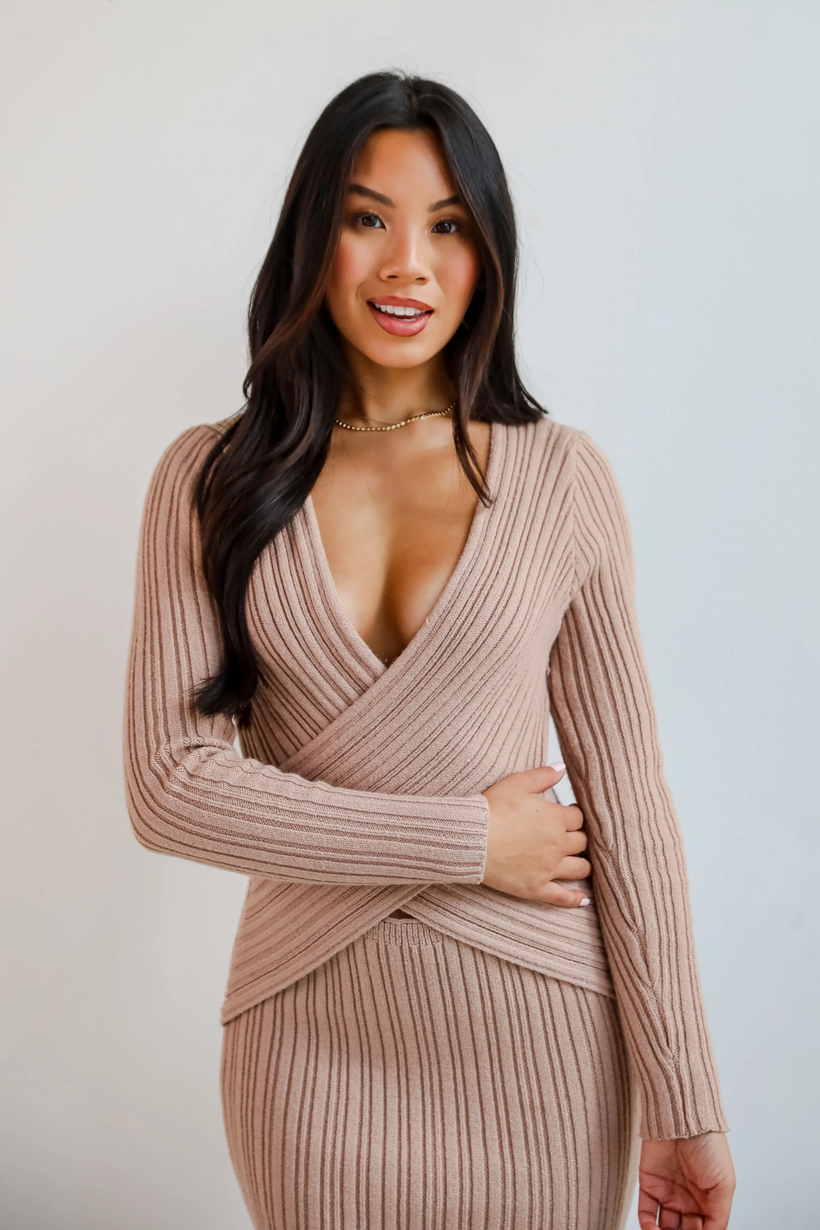 FINAL SALE - Intriguing Demeanor Taupe Criss-Cross Sweater Midi Dress