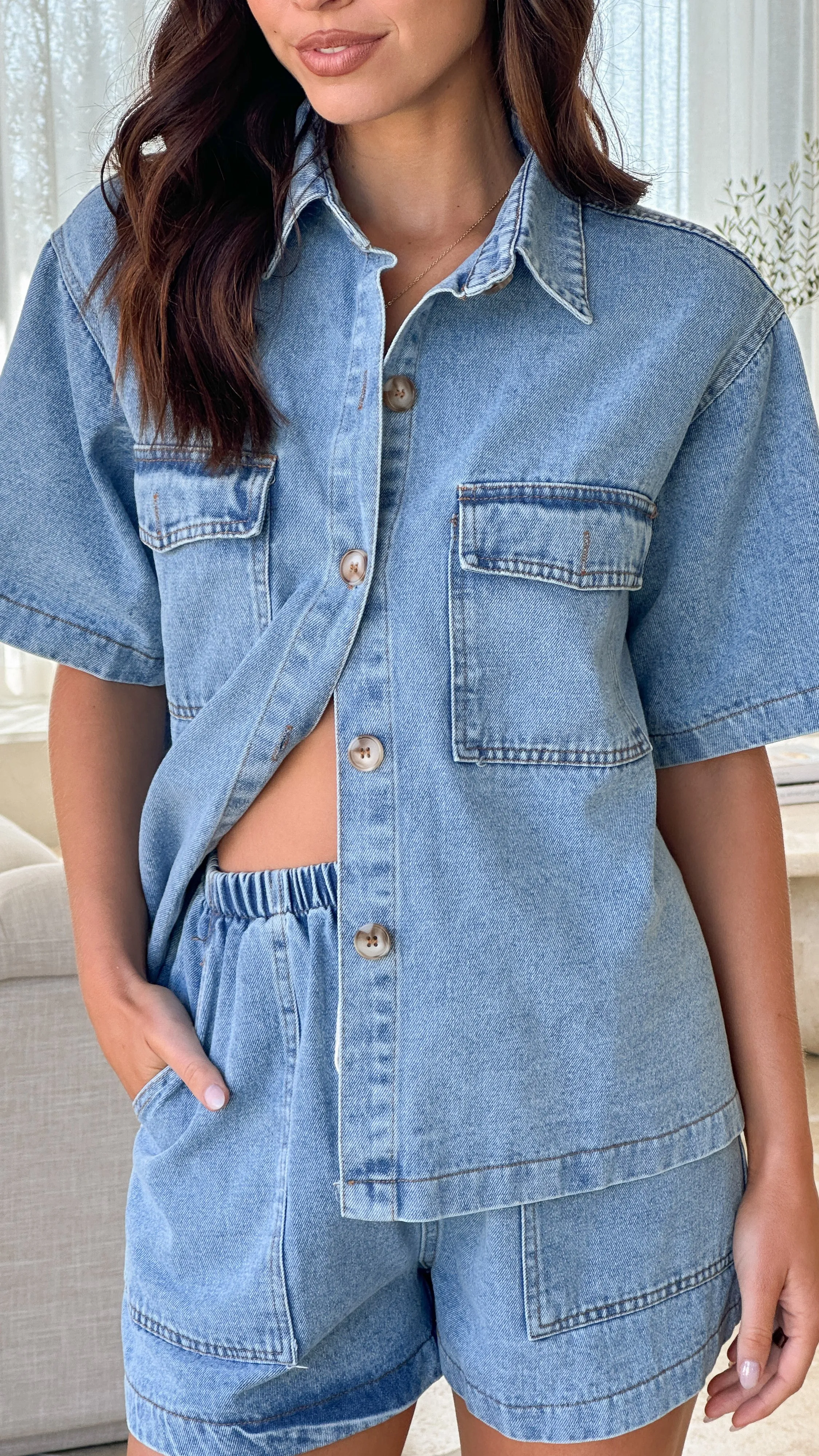 Loretta Button Up and Shorts Set - Light Blue Denim