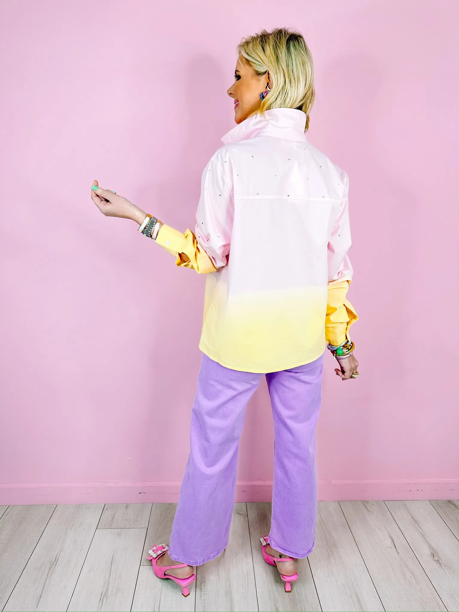 TAKE A DIP DYE RHINESTONE BUTTON UP TOP - PINK/YELLOW