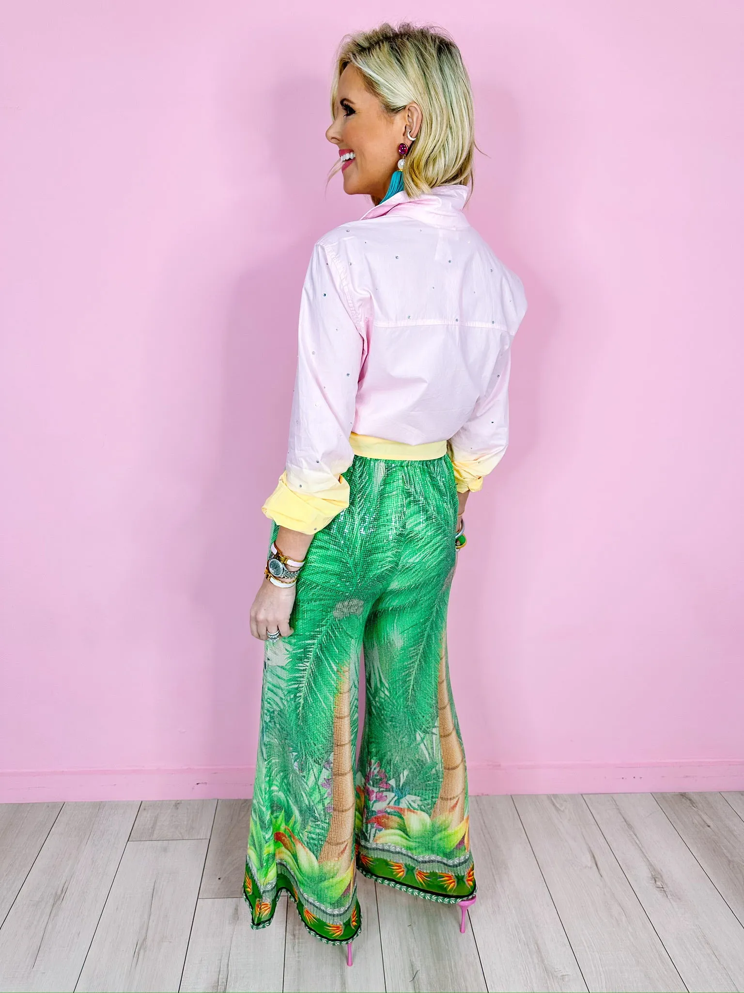 TAKE A DIP DYE RHINESTONE BUTTON UP TOP - PINK/YELLOW