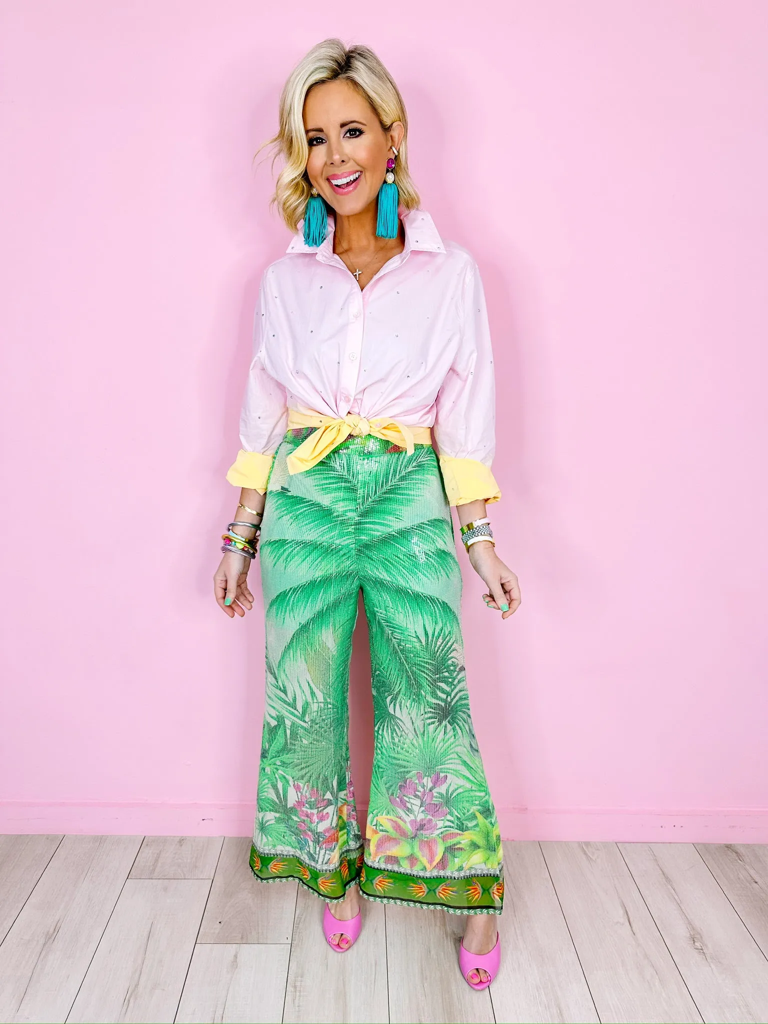TAKE A DIP DYE RHINESTONE BUTTON UP TOP - PINK/YELLOW