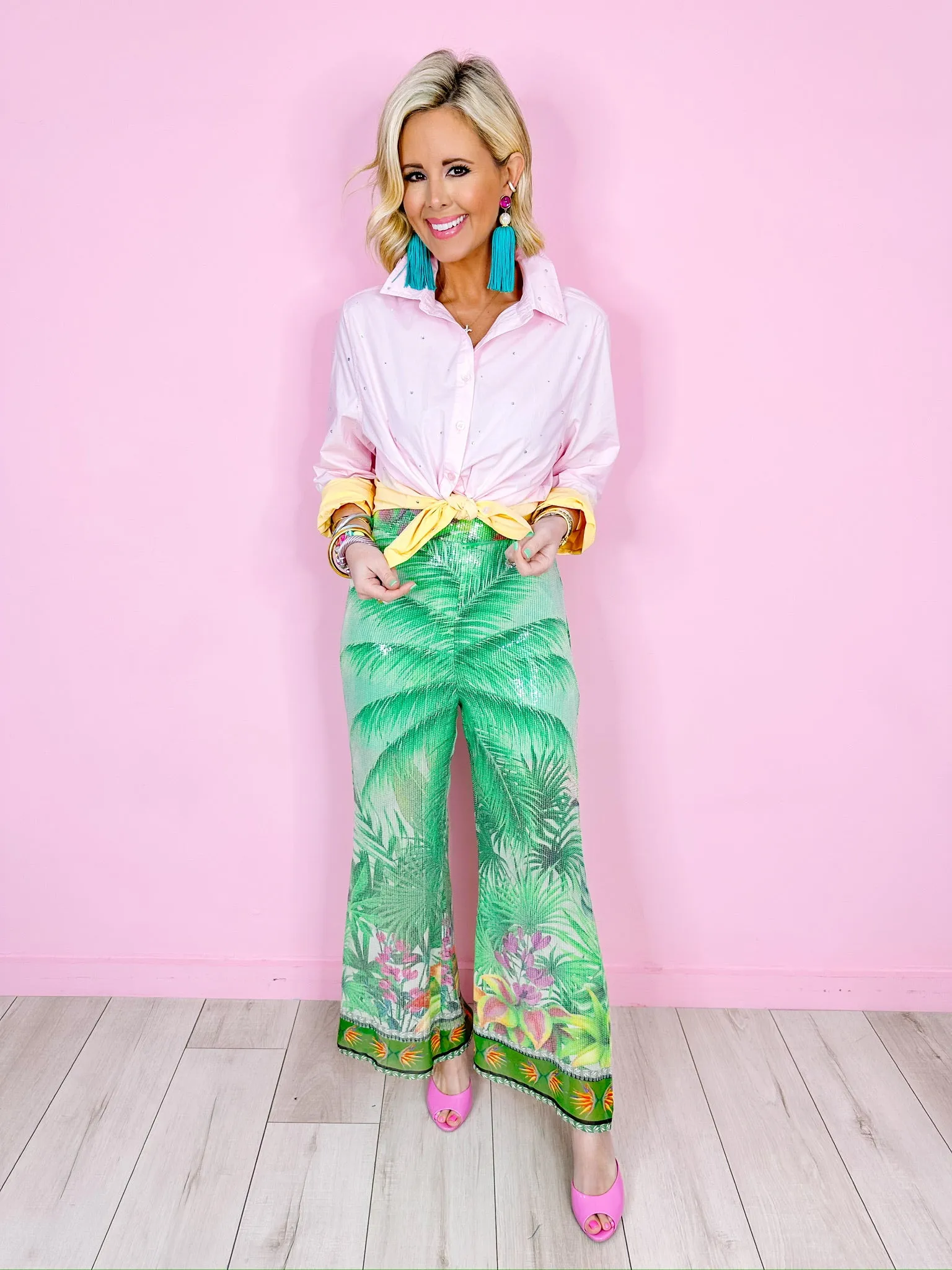 TAKE A DIP DYE RHINESTONE BUTTON UP TOP - PINK/YELLOW