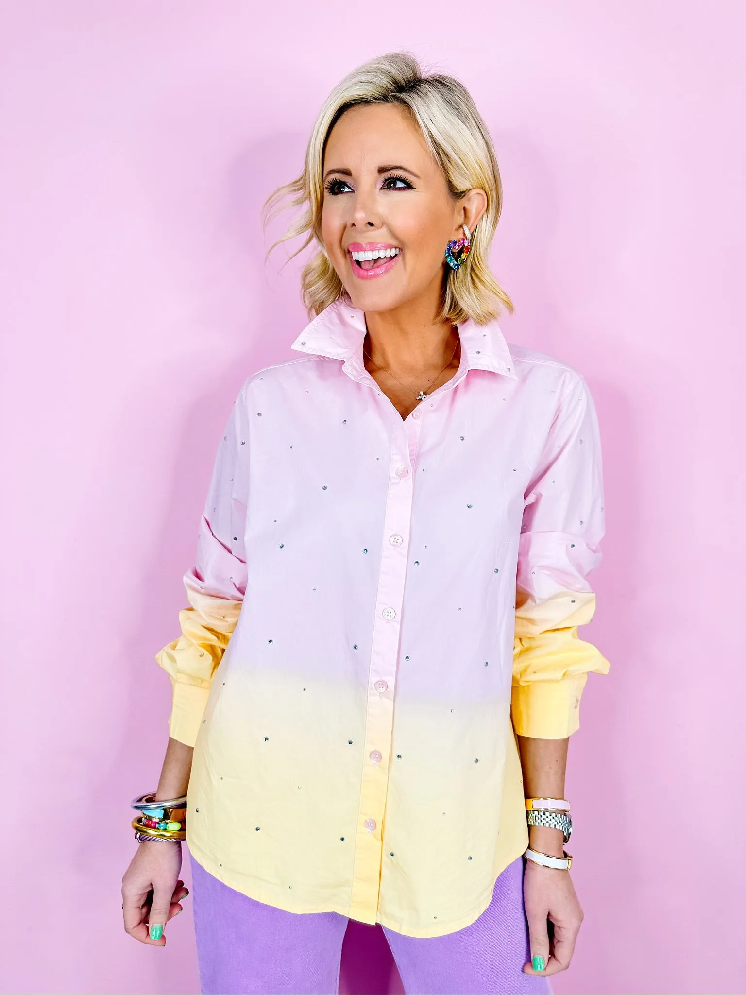 TAKE A DIP DYE RHINESTONE BUTTON UP TOP - PINK/YELLOW