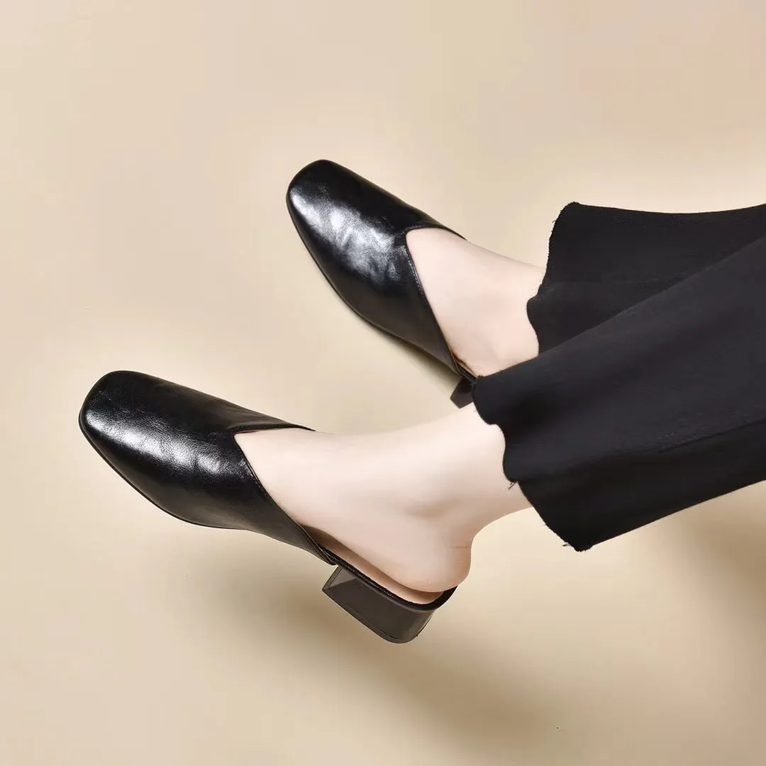 Women Summer Leather Mules Closed Toe Chunky Heel Slip-Ons Shoes