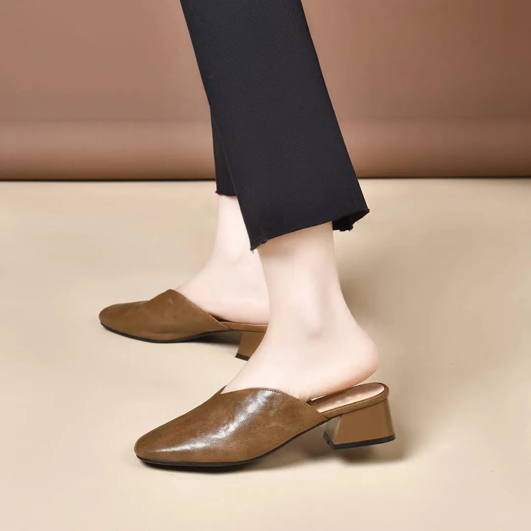 Women Summer Leather Mules Closed Toe Chunky Heel Slip-Ons Shoes