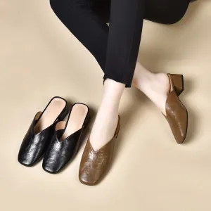 Women Summer Leather Mules Closed Toe Chunky Heel Slip-Ons Shoes